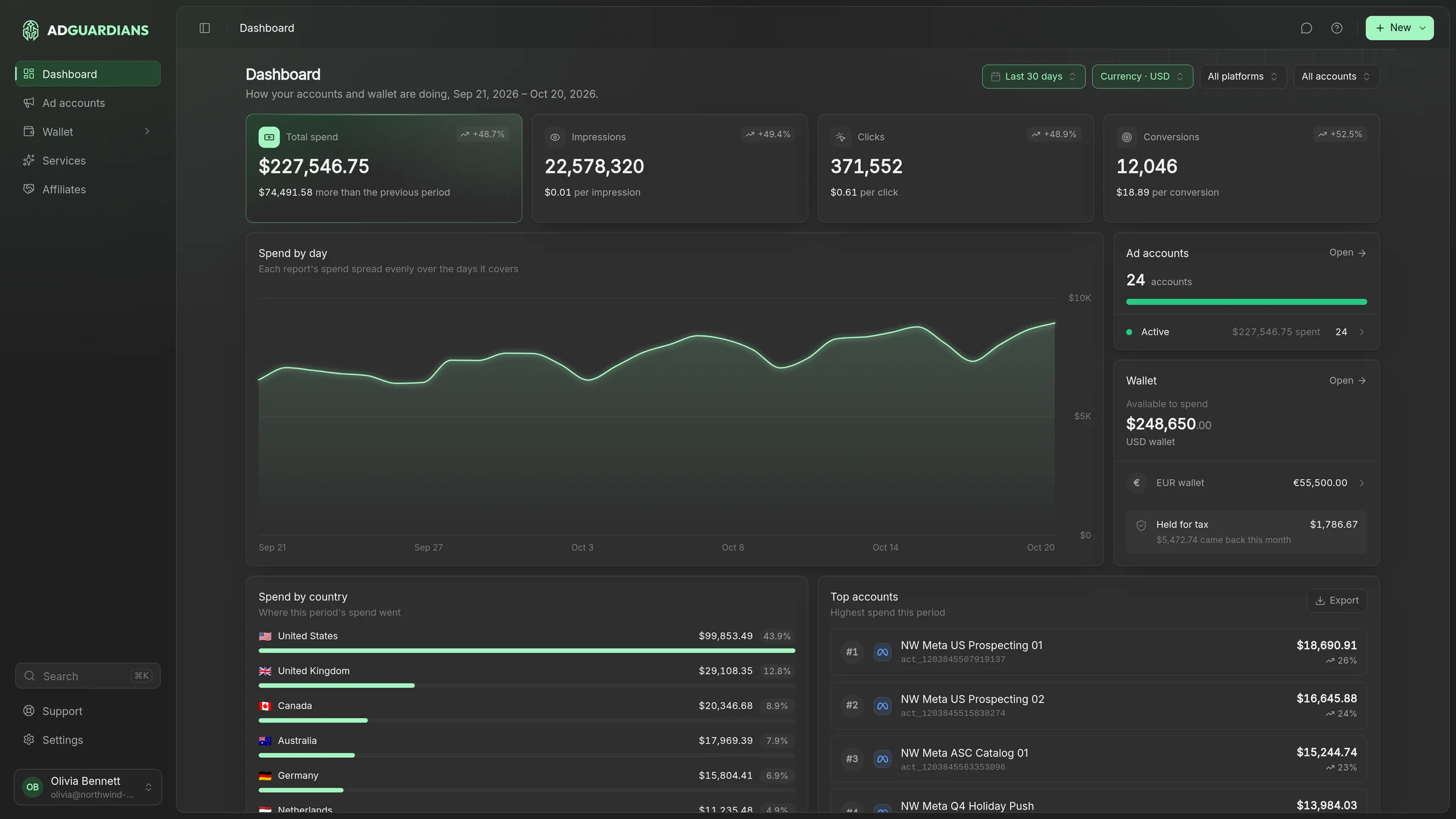 The AdGuardians client dashboard with total spend, spend by day, ad accounts, wallet, spend by country and top accounts