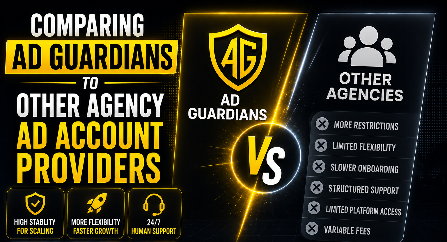 Futuristic comparison between Ad Guardians and other agency ad account providers with glowing gold and white typography, Meta, Google, TikTok, Snapchat, and Pinterest platform icons, and a dark cyber-tech background focused on flexibility, scaling, and campaign support.