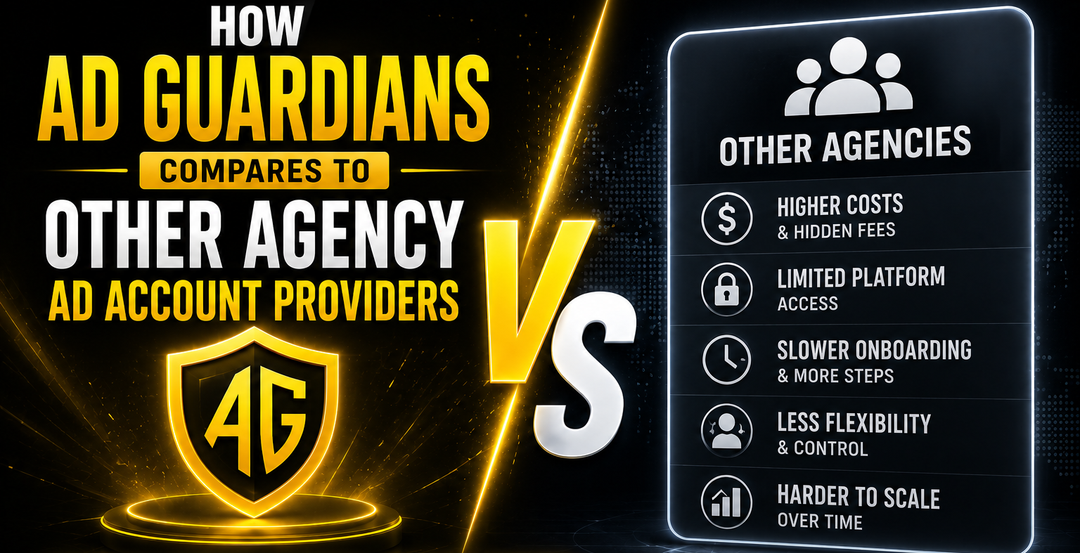Futuristic comparison thumbnail between Ad Guardians and other agency ad account providers featuring glowing gold and white typography, Meta, Google, TikTok, Snapchat, and Pinterest platform icons, with a dark cyber-tech background focused on scalable growth, flexibility, and platform access.